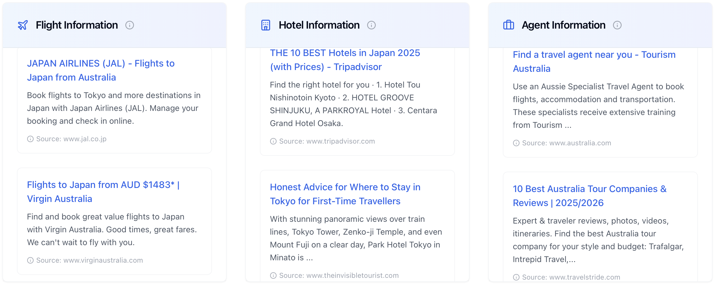 Screenshot showing comprehensive travel search results including visa information, flight options, hotel recommendations, and local insights